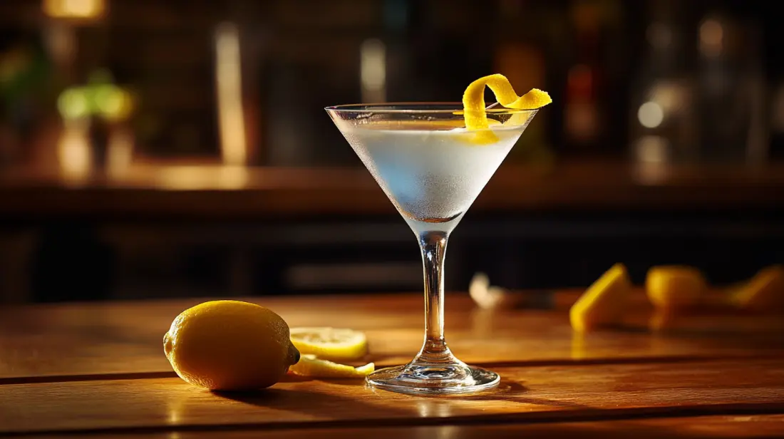 A classic martini with lemon on a wooden counter top